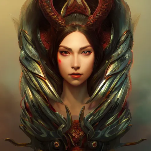 Prompt: stunning comic book style portrait painting of a dragon goddess, in the style of WLOP, 8k masterpiece, cinematic lighting, pristine clean design, fantasy, insanely detailed, atmospheric, octane render