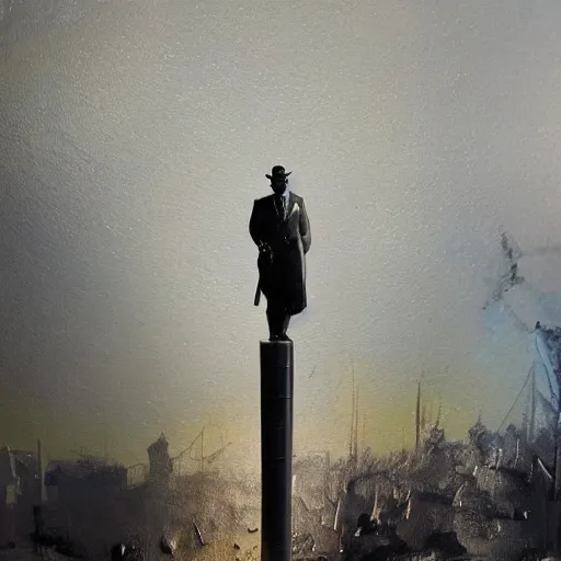 Prompt: futuristic blek and dark post - apocalyptic landscape painting featuring a metallic sculpture of teddy roosevelt on a pedestal, very high detail