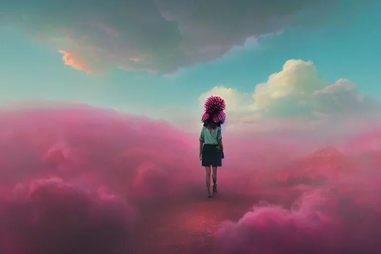 Prompt: giant dahlia flower crown over head, girl walking on mountain, surreal photography, pink storm clouds, dramatic light, impressionist painting, digital painting, artstation, simon stalenhag