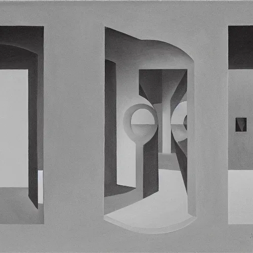 Image similar to first person view of a stark concrete maze, people peering into portholes, grant wood, pj crook, edward hopper, oil on canvas