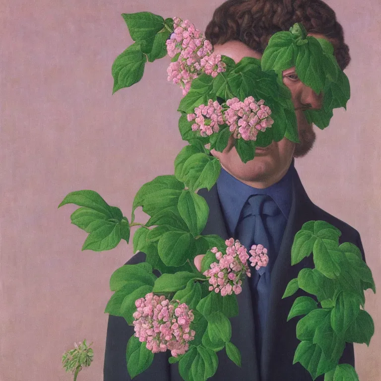 Image similar to portrait of a man, face hidden by beautiful flowers, by rene magritte, detailed painting, hd, hq, high resolution, high detail, 4 k, 8 k