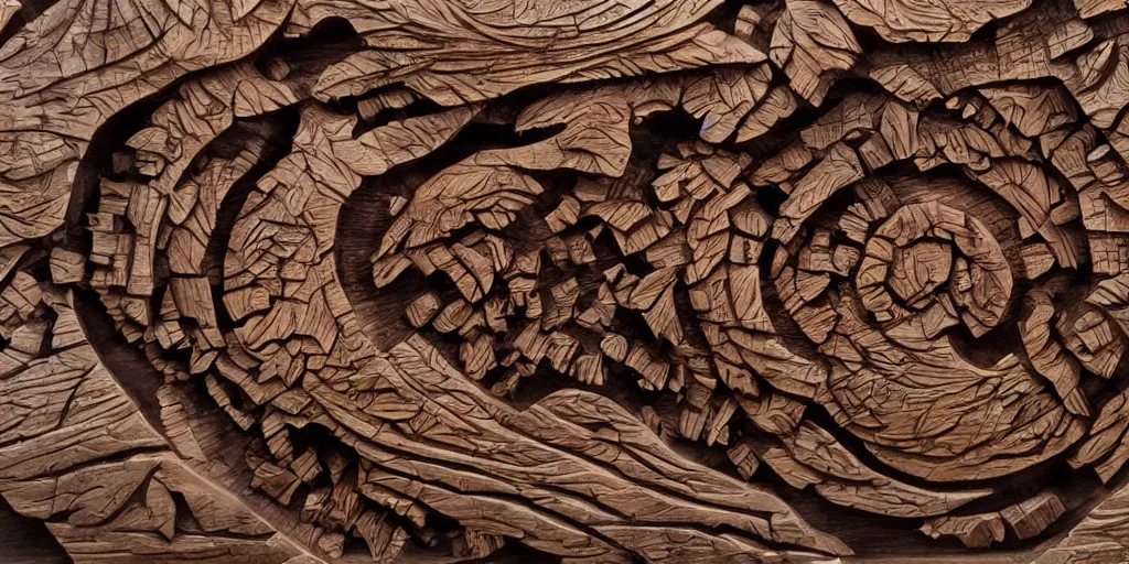 Image similar to a detailed wood carving of the collapse of the universe