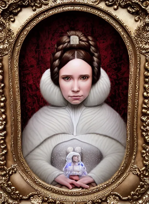 Image similar to highly detailed closeup portrait of a snow, ice princess as princess leia sitting on a throne surrounded by fluffy bears, nicoletta ceccoli, mark ryden, lostfish, earl nore, global illumination, god rays, detailed and intricate environment