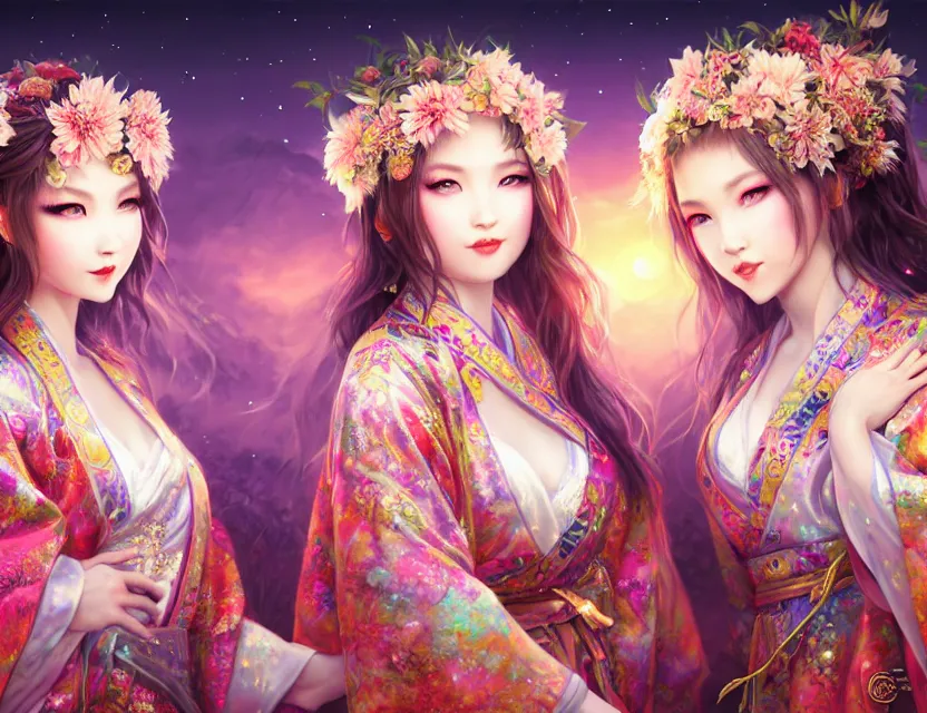 Image similar to two beautiful alluring siberian girls wear fantasy kimono in festival | | sunny night, full moon, dreamlike art, realistic shaded, smile, good looking, hyper details, 4 k realistic, cryengine, realistic shaded lighting poster by artgerm, ross tran, fuji choko, 8 k resolution, trending on artstation, luxury