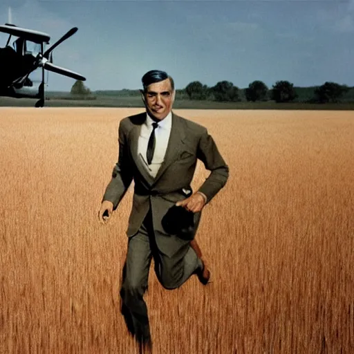 Prompt: cary grant running from a plane in a wheat field. in the background, the plane is a biplan with visible propellers and close to the ground. technicolor, 5 0 mm, hyperrealistic, extremely realistic face, highly detailed, highly intricate.