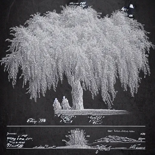 Image similar to patent drawing of a willow tree. 8k resolution.