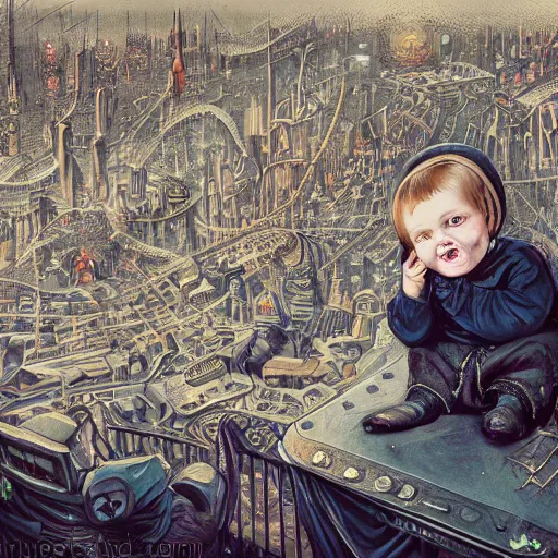 Image similar to a photo of young sad victorian gothic child with big eyes and wide grin sitting on a sofa of bones surrounded by a cyber futuristic cityscape made of human body parts by dan mumford, ultra detailed, 8 k resolution, beautiful lighting, expansive detailed layered city, landscape, 5 0 mm