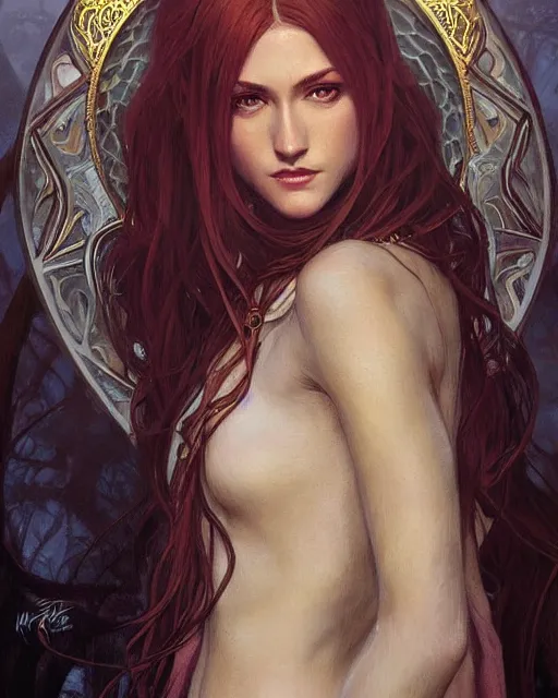 Image similar to portrait of katherine mcnamara elven mage, dark, piercing eyes, gentle expression, elegant clothing, photorealistic, highly detailed, artstation, smooth, sharp focus, art by michael whelan, artgerm, greg rutkowski and alphonse mucha