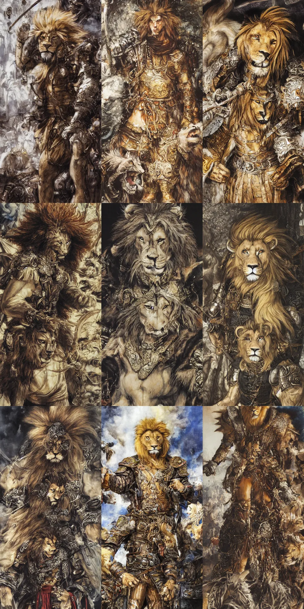 Image similar to 8 k yoshitaka amano painting of upper body of a young cool looking lion beastman with white mane at a medieval market at windy day. depth of field. he is wearing complex fantasy clothing. he has huge paws. renaissance style lighting.