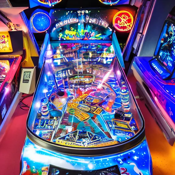 Prompt: Overhead shot of a lit up space-themed retro pinball machine in an arcade, photorealistic, studio lighting