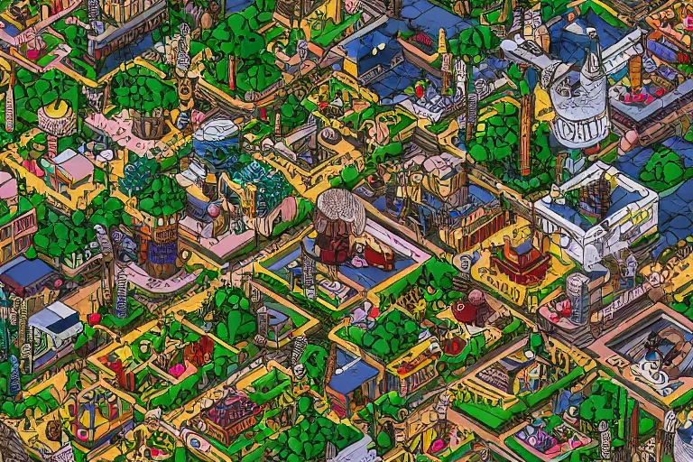 Image similar to isometric intricate complex wimmelbild illustration of weird dreamworld trending on artstation