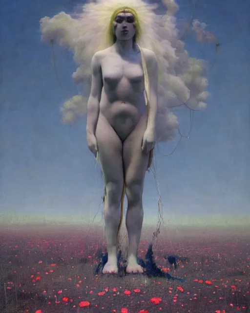 Prompt: A portrait of a woman wearing clothes made out of dying flowers, apocalypse, nuclear explosion in the background, Masterpiece, pure white skin, glowing, wires everywhere, by Edgar Maxence and Ross Tran, Zdzisław Beksiński, and Michael Whelan, distant, gustav dore, H.R. Giger, 8k, octane render