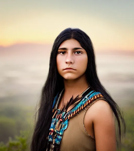 Image similar to professional, incredibly detailed headshot of a native american cherokee teenage girl with dark hair, beautiful eyes, a rebellious look, choppy hair, symmetrical features, realistic 8 k professional photography, midday lighting, defiant, octane, volumetric lighting, 7 0 mm, beautiful