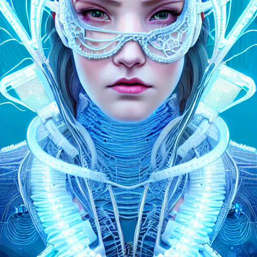 Image similar to high quality, high detailed portrait of a snow queen cyberpunk character in a futuristic world, snow crush. hyperrealism, intricate details, cables, wires, elaborate futuristic crown. connectors led. tristan eaton, victo ngai, artgerm, rhads, ross draws, alphonse mucha, pastel colors, vintage, artstation, vector. 8 k