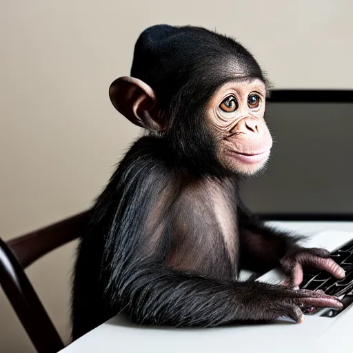 Prompt: an adorable baby chimpanzee using a wool cap typing on a laptop. Studio photography