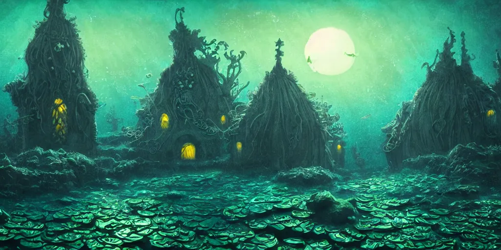 Prompt: nighttime underwater village of carved houses and green kelp and plants and coral under gentle aquatic moonlight, award winning art, epic dreamlike fantasy landscape, art print, science fiction, ultra realistic,