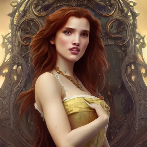 Image similar to ultra realistic illustration, bella thorne as belle from beauty and the beast, intricate, elegant, highly detailed, digital painting, artstation, concept art, smooth, sharp focus, illustration, art by artgerm and greg rutkowski and alphonse mucha