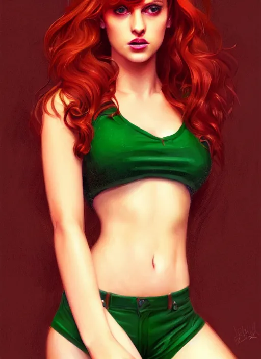 Image similar to full body portrait of teenage cheryl blossom, bangs, green eyes, sultry expression, red hair, sultry smirk, bangs and wavy hair, bangs, intricate, elegant, glowing lights, highly detailed, digital painting, artstation, concept art, smooth, sharp focus, illustration, art by wlop, mars ravelo and greg rutkowski