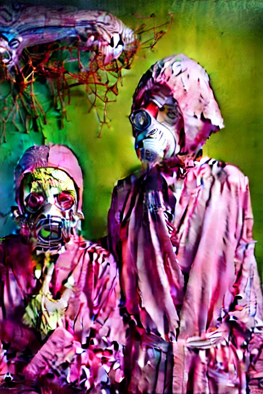 Prompt: two frail, skinny old people draped in fleshy pink, and green robe, wearing gas masks connected to their hearts, inside an dystopian, abandoned hospital room, ayami kojima, greg hildebrandt, mark ryden, hauntingly surreal, eerie vibrating color palette of charlie immer, highly detailed painting by, jenny saville, soft light 4 k