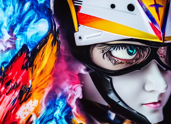 Image similar to extremely beautiful close up portrait photo of a white marble statue of an anime girl with colorful motocross logos and motorcycle helmet with closed visor, colorful smoke in the background, carved marble statue, fine art, neon genesis evangelion, virgil abloh, offwhite, denoise, highly detailed, 8 k, hyperreal