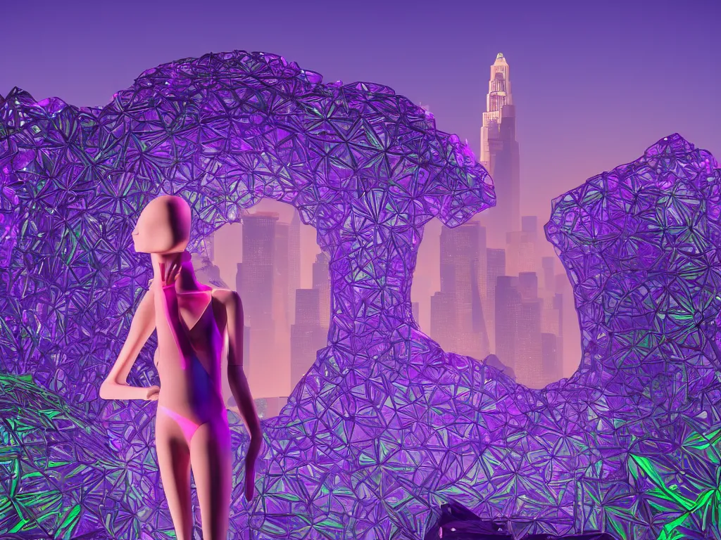 Image similar to beautiful mannequin sculpted out of amethyst by billelis + lit with 3 d geometric neon + facing a doorway opening with neon pink geometric fractal light + flowering hosta plants!!!, moon + city of los angeles in background!! dramatic, rule of thirds, award winning, 4 k, trending on artstation, photorealistic, volumetric lighting, octane render