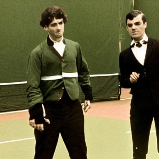 Prompt: jack the ripper playing doubles tennis with superman