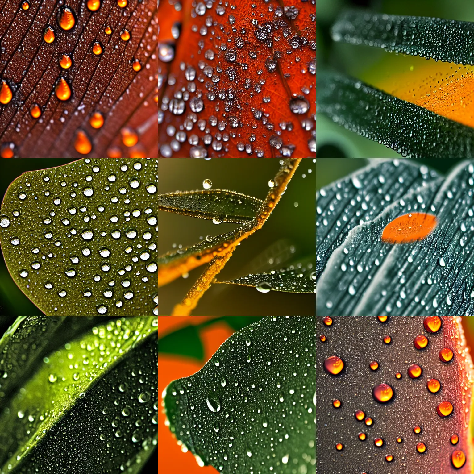 Prompt: macros shot photography of dew drops on a dark plant with a hazy orange background light