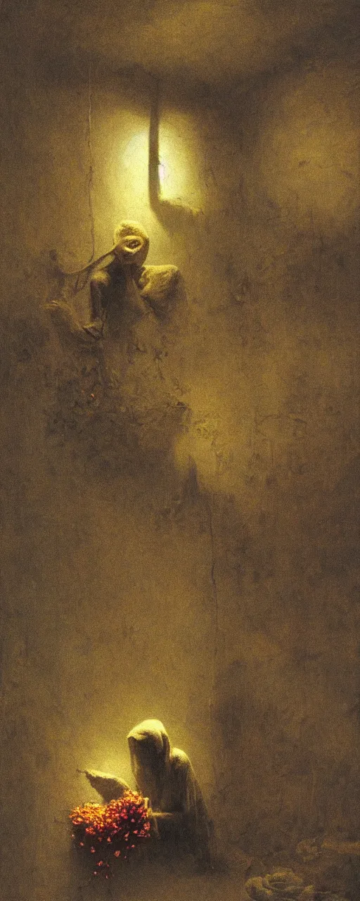 Prompt: a golemn tending to a beautiful dried flower in a dark room, zdzislaw beksinski, arthur rachham, interior, 8 k, artstation