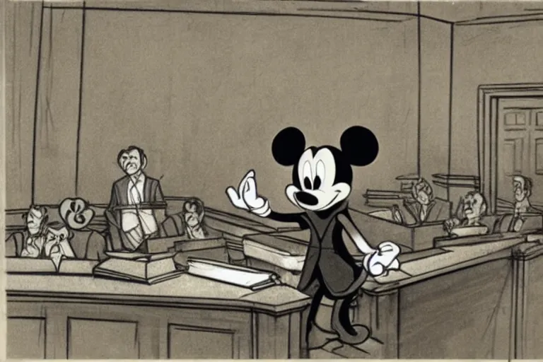 Image similar to detailed background courtroom sketch of vintage disney character mickey mouse presenting evidence of copyright infringement to the judge bench court room wooden serious dark tone