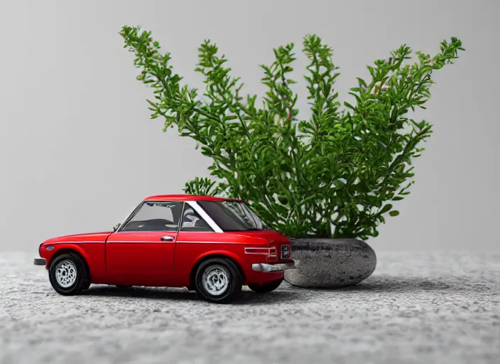 Image similar to a small miniature of a red Datsun 1200 on a white table near a book and a vase with a plant, 3d render, octane render, unreal engine 5, path tracing, serene landscape, calm, relaxing, beautiful landscape, highly detailed, high quality, 4k, symmetrical, low contrast