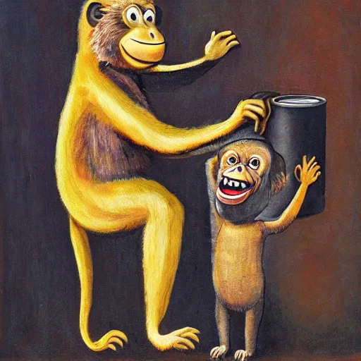 Prompt: an anthropormorphic tin can eating a monkey, painting