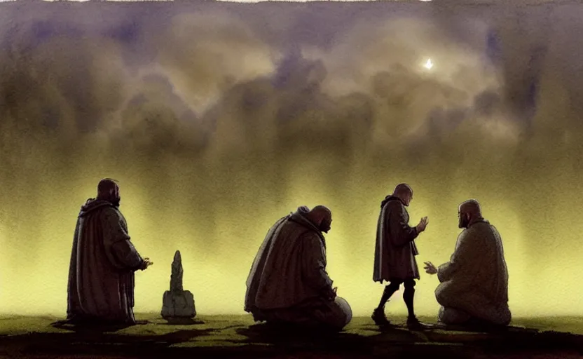 Image similar to a hyperrealist watercolour character concept art portrait of one small grey medieval monk and another giant orange medieval monk kneeling down in prayer in front of a complete stonehenge monument on a misty night. a huge stone is in the sky. by rebecca guay, michael kaluta, charles vess and jean moebius giraud