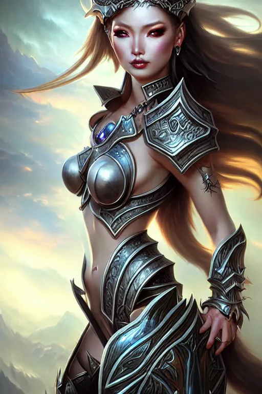 Image similar to sakimi chan, fantasy armor, detailed face, tony sart, mark arian