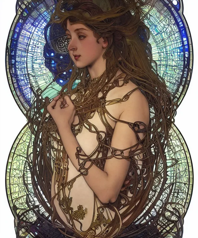 Image similar to realistic detailed portrait of a humanoid mecha cyberpunk! goddess by Alphonse Mucha and Charlie Bowater and art germ, rule of thirds, golden ratio, Art Nouveau! cyberpunk! style, mechanical accents!, mecha plate armor, glowing LEDs, flowing wires with leaves, art nouveau accents, art nouveau patterns and geometry, circuit patterns, rich deep moody colors, portrait style with the subject in the middle of the frame