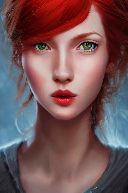 Image similar to ultra realistic style illustration of a cute red haired young woman, 1 9 year old, headshot, sci - fi, fantasy, intricate, elegant, highly detailed, digital painting, artstation, concept art, smooth, sharp focus, illustration, 8 k frostbite 3 engine, ultra detailed