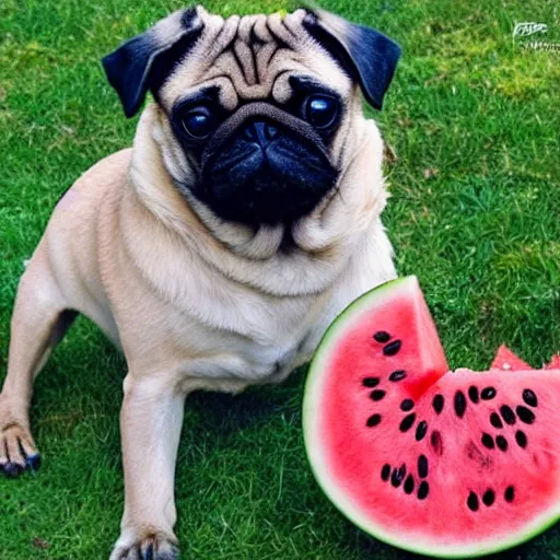 Image similar to pug in heaven eating watermelon in the style of michaelangelo