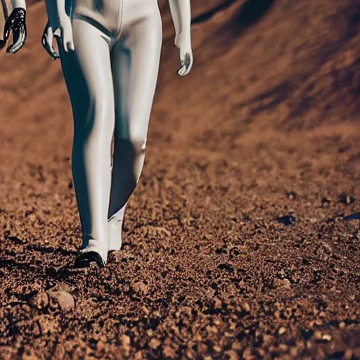 Image similar to up close 3 friends on dusty Mars soil in the future walking together all wearing stylish futuristic clothing picture taken with 5 mm camera nokia, intricate, ultra HD, super detailed, realistic, award-winning picture