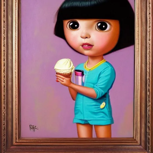 Image similar to dora the explorer as real girl holding ice cream, in lowbrow style, Pop Surrealism oil painting by Mark Ryden