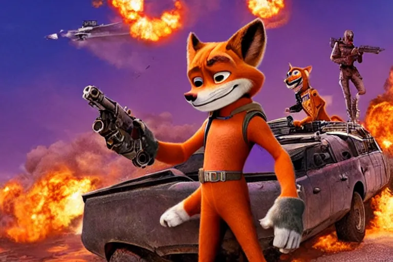 Image similar to nick wilde, heavily armed and armored facing down armageddon in a dark and gritty reboot from the makers of mad max : fury road : witness me