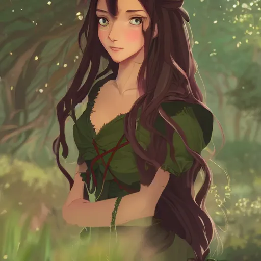 Image similar to a portrait of a young beautiful woman with long dark brown hair, green eyes, tan skin, wearing a medieval fantasy outfit, forest landscape background, fantasy, ambient lighting, 4k, anime key visual, makoto shinkai, charlie bowater, lois van baarle, ilya kuvshinov, rossdraws, artstation