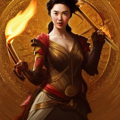 Image similar to Jessica Henwick clothed in pure golden light energy and holding a flaming sword, D&D, highly detailed, digital painting, artstation, concept art, sharp focus, illustration, art by artgerm and greg rutkowski and alphonse mucha