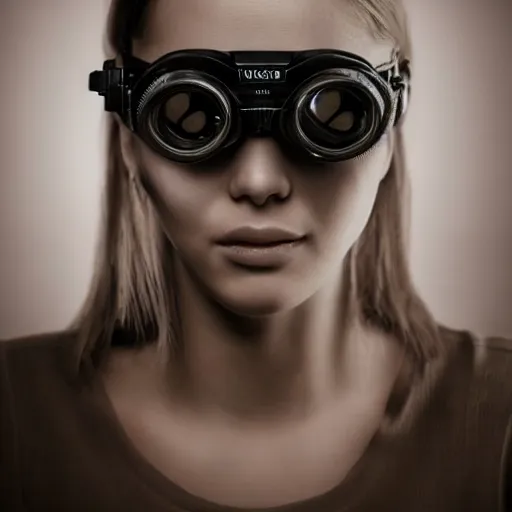 Image similar to portrait photograph of an extremely beautiful!!!! young female, symmetric face!, symmetric round detailed eyes!!, slight smile, natural light, wearing night vision goggles!! looking at the camera!!. super resolution. extremely detailed. graflex camera!, bokeh!!!!! trending on artstation.