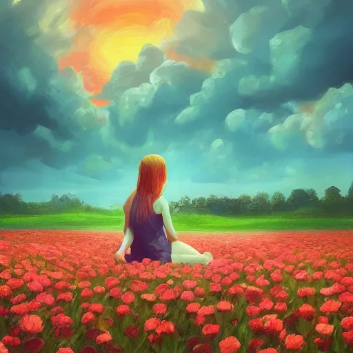 Image similar to giant rose flower head, girl sitting in a flower field, surreal photography, sunrise, dramatic light, impressionist painting, colorful clouds, digital painting, artstation, simon stalenhag