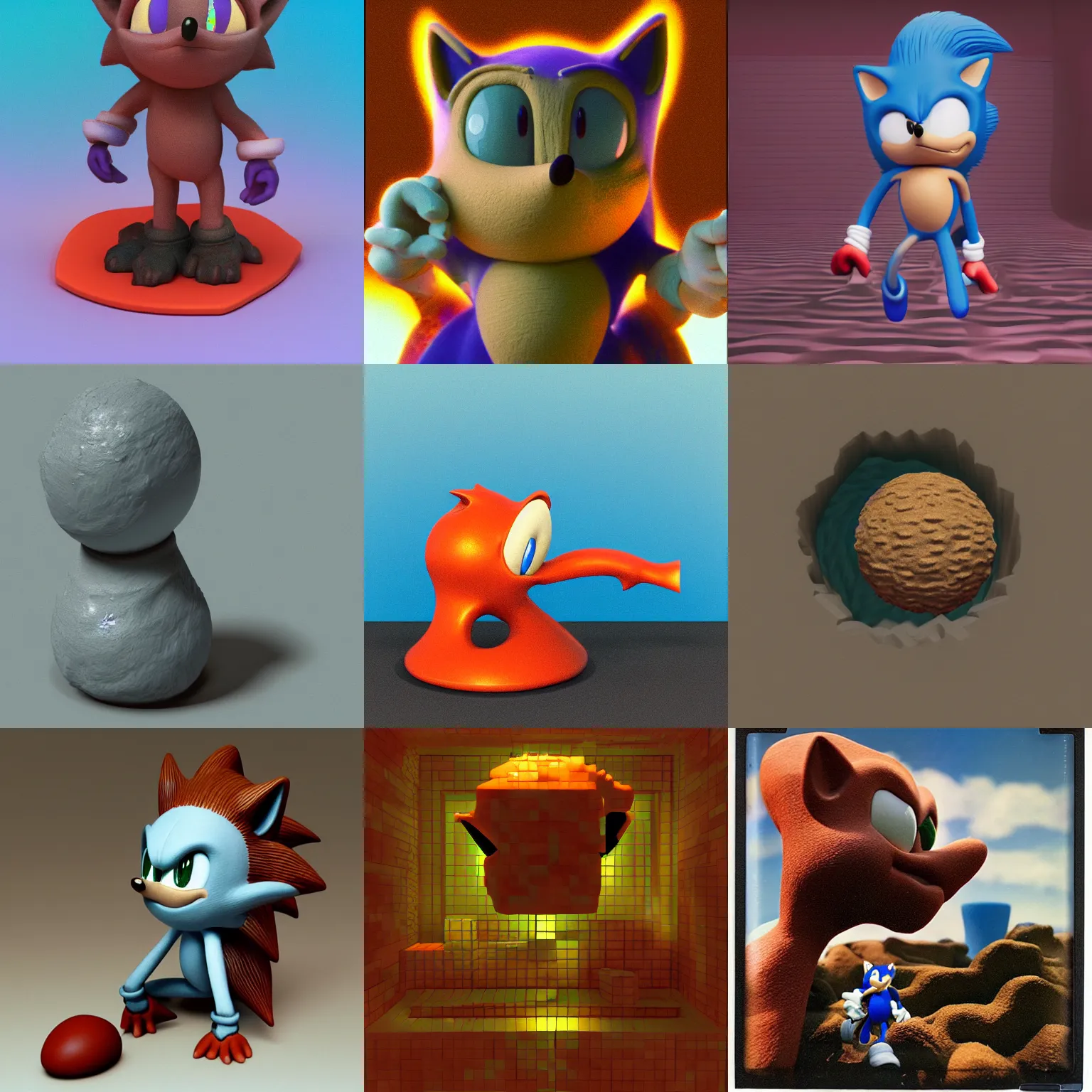 Prompt: clay portrait of sonic the hedgehog stop motion claymation polaroid and surreal, liquid metal lava lamp prerendered 1 9 9 0 s 1 9 9 6 raytraced terragen phong shading checkerboard