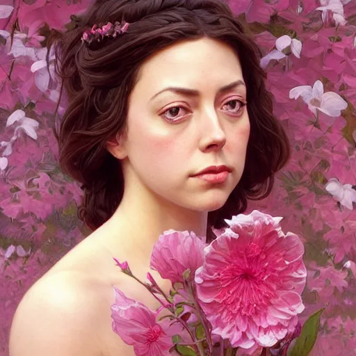 Image similar to pink petals with a ahape of a wonderful aubrey plaza, intricate, elegant, highly detailed, wonderful eyes, sweet, digital painting, artstation, concept art, smooth, sharp focus, illustration, art by artgerm and greg rutkowski and alphonse mucha and william - adolphe bouguereau