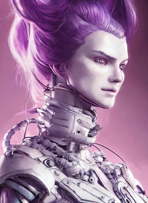 Prompt: close up portrait of a pale woman in power armor with purple ponytail hair, elegant, stoic, intense, ultrafine hyperdetailed illustration by kim jung gi, irakli nadar, intricate linework, sharp focus, bright colors, octopath traveler, yoji shinkawa, highly rendered, global illumination, radiant light, detailed, intricate environment
