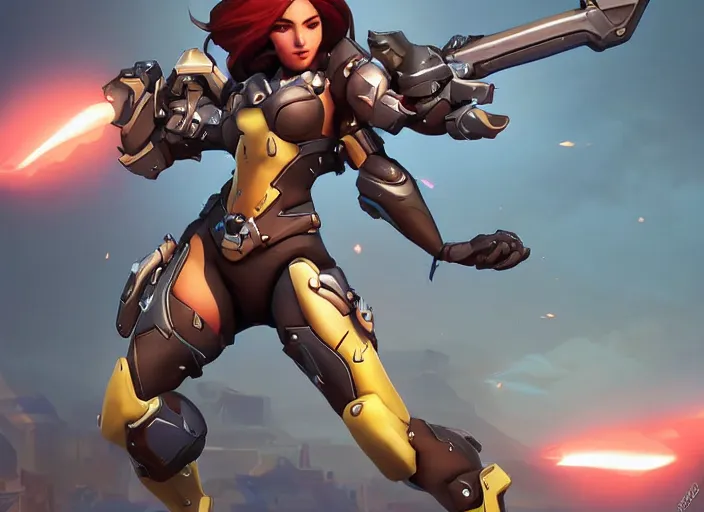 Image similar to poster!! beautiful new female character for overwatch, character concept art, action pose, illustration, full body armor, steel plating, huge weapon, super powers, athletic, long red hair, symmetry, intricate design, shiny, highly detailed, hd, dramatic lighting, art by artgerm and greg rutkowski