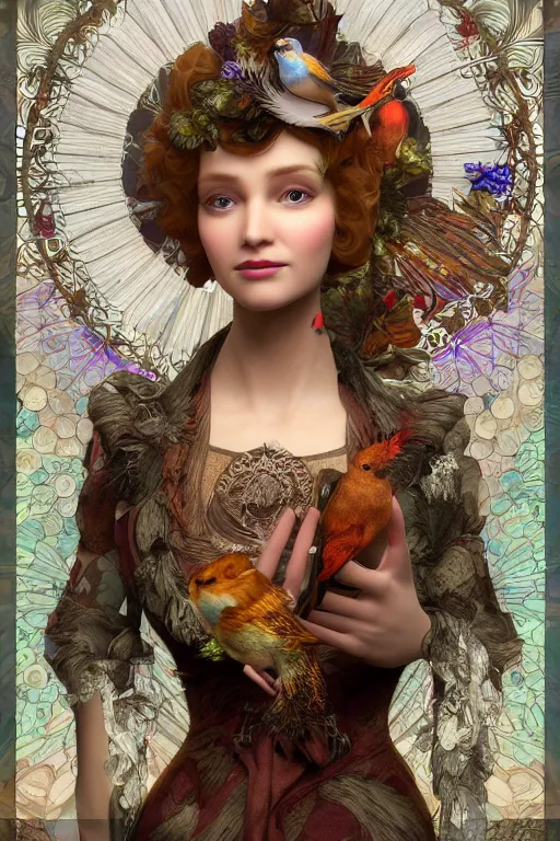 Prompt: face closeup, 3 d render of english princess holding birds, ornaments, mucha vibe, dieselpunk, solarpunk, artstation