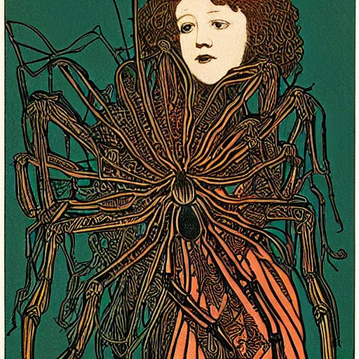 Image similar to a girl with a spider, colored woodcut, poster art, by Mackintosh, art noveau, by Ernst Haeckel