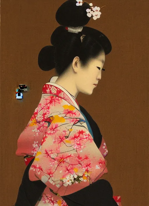 Prompt: Painting of a Japanese woman in the style of Jean-Léon Gérôme, kimono, cherry blossoms